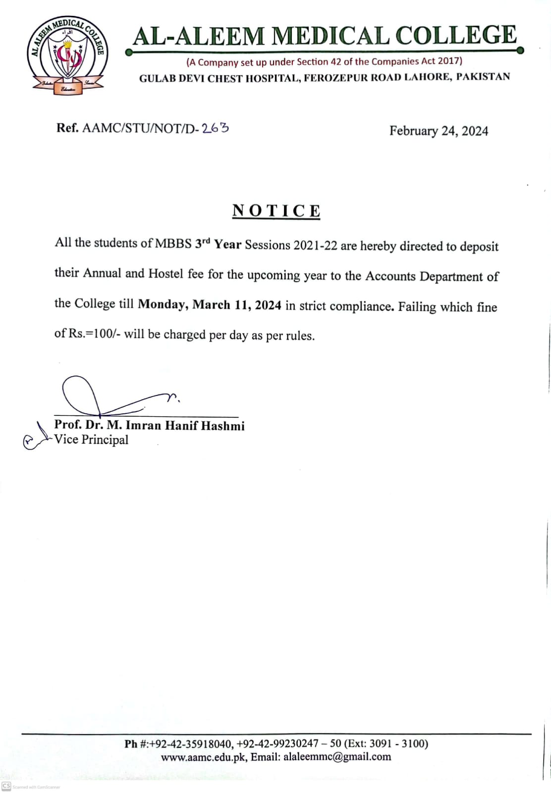 3rd year fee notice